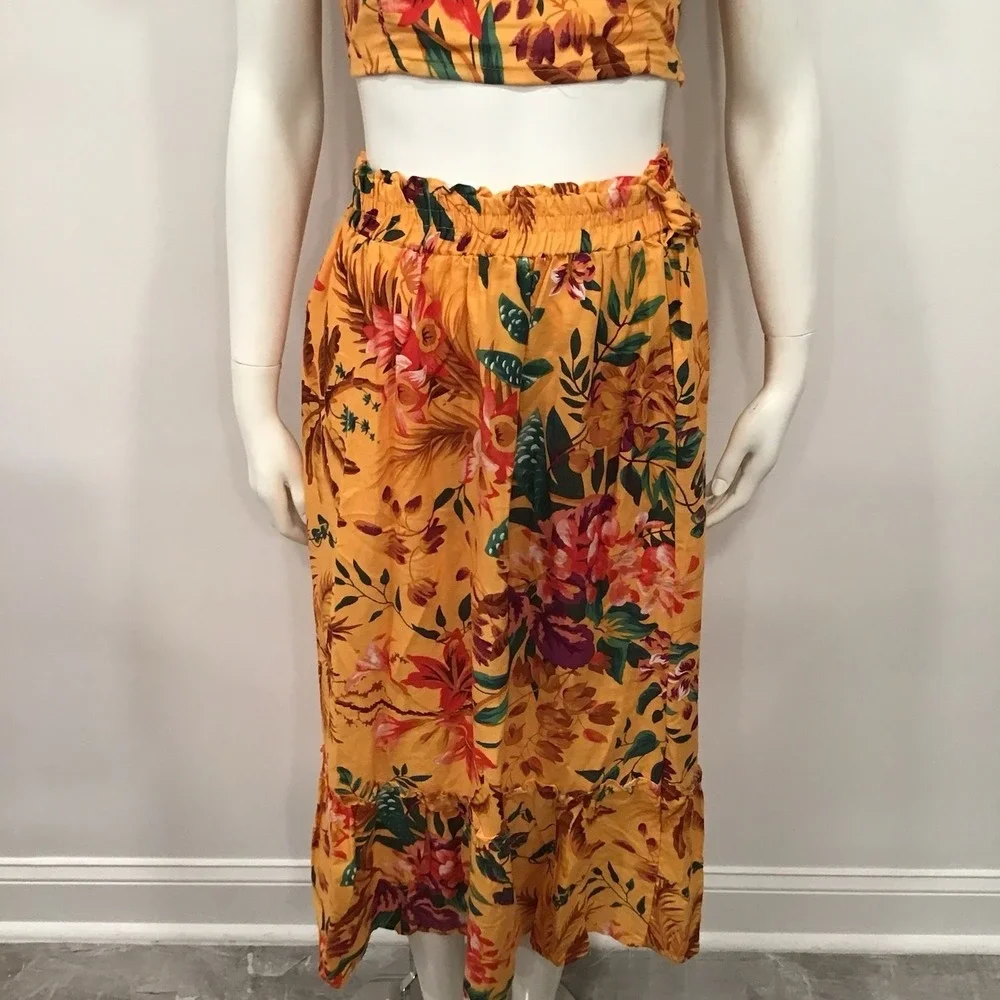 Rachel Roy Linen Skirt Set 3 Blouse Maxi Skirt Belt Floral Vacation Outfit Small